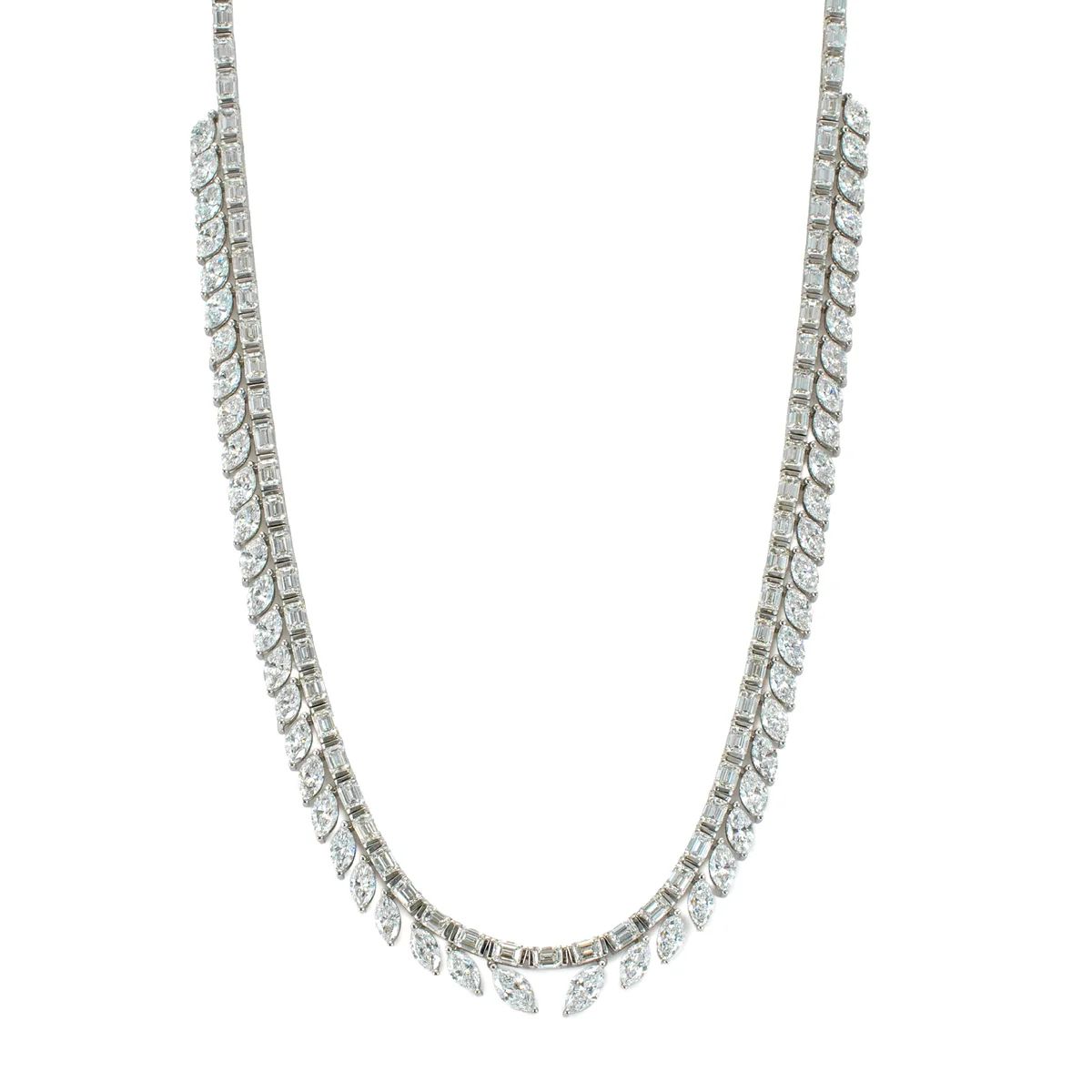 18K White Gold 23.68ct Baguette Marquee Diamond Tennis Graduated Necklace | Houston 🇺🇸