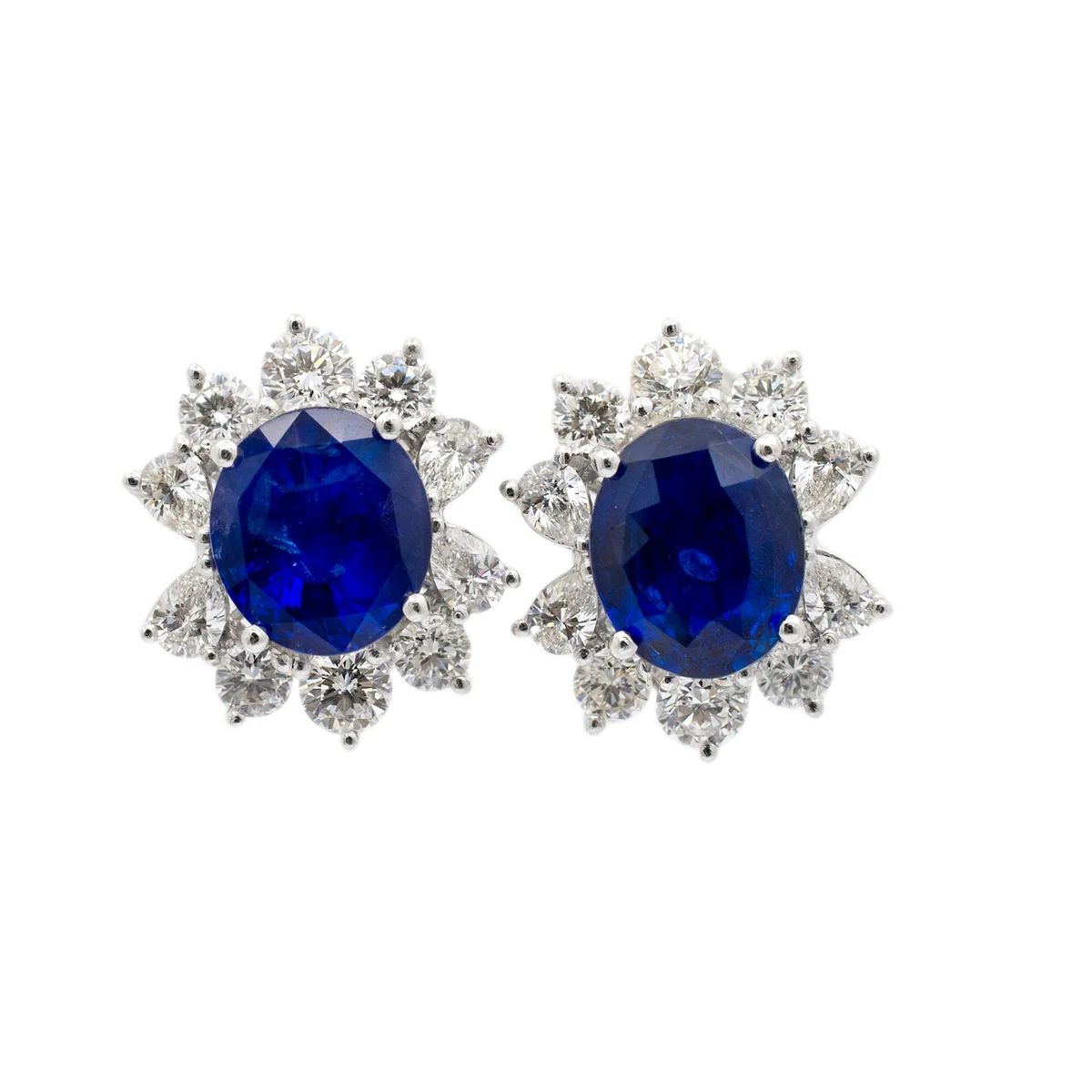 Platinum & 18K Gold GIA 10.32ct Sri Lanka Sapphires Halo Diamond Flower Clip On Earrings | Houston 🇺🇸